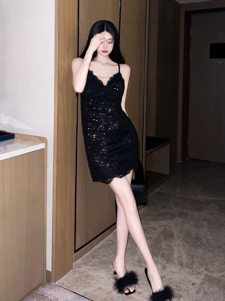 黑色亮片名媛吊帶裙Black Sequined Lady Style Suspender Dress