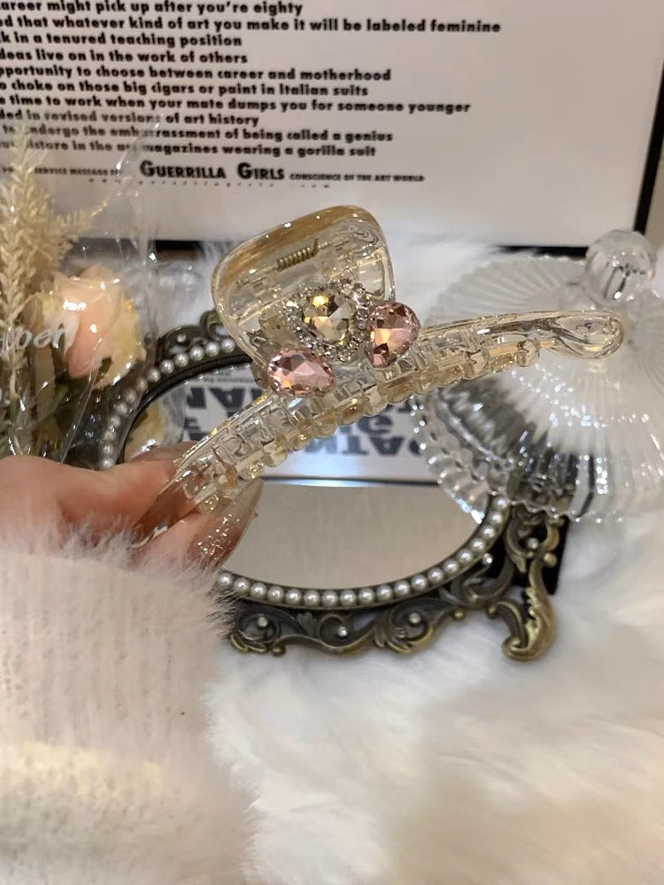 韓版粉色水鑽愛心透明香檳髮夾Pink Heart Rhinestone Champagne Transparent Hair Clip