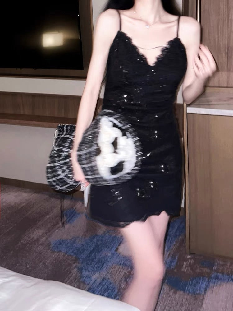 黑色亮片名媛吊帶裙Black Sequined Lady Style Suspender Dress