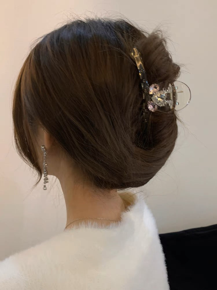 韓版粉色水鑽愛心透明香檳髮夾Pink Heart Rhinestone Champagne Transparent Hair Clip