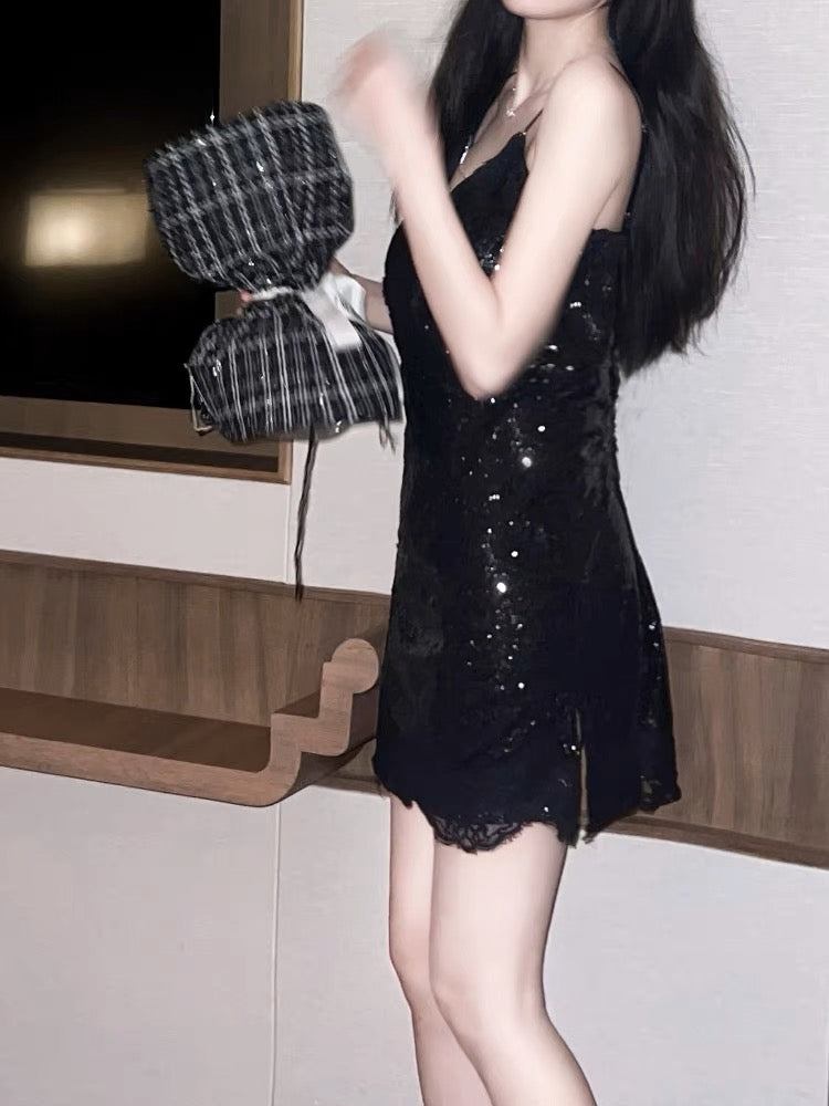 黑色亮片名媛吊帶裙Black Sequined Lady Style Suspender Dress