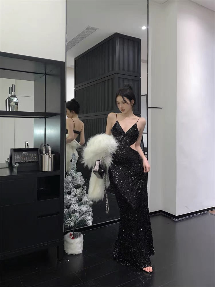 高級感露背挖腰長亮片禮服Sequined backless waistless long sequined dress