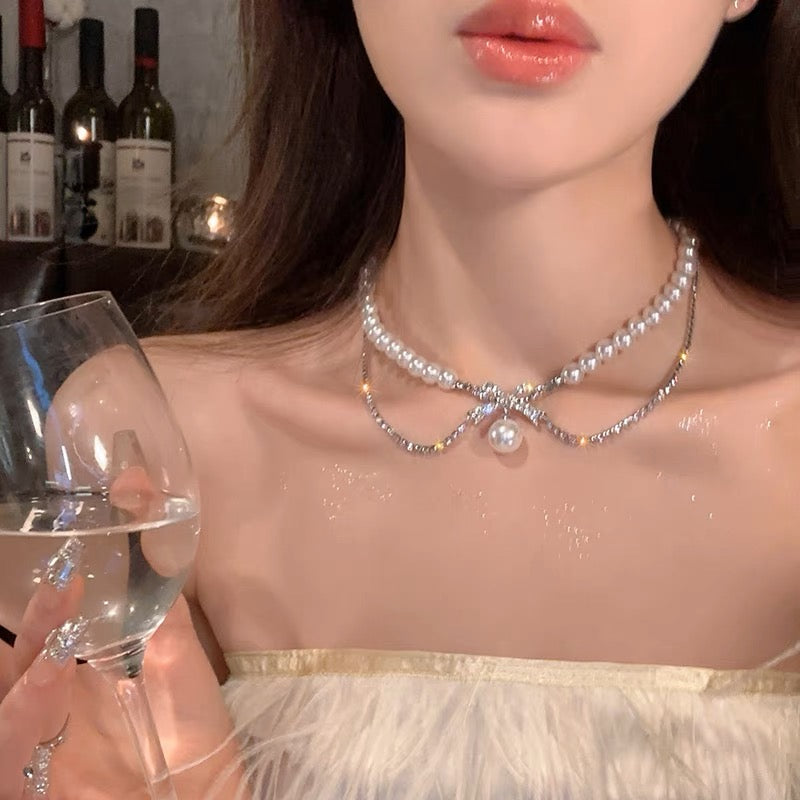 雙層珍珠水鑽蝴蝶結項鍊Pearl Rhinestone Bow Double Layer Necklace