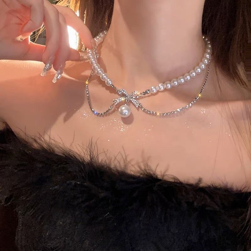 雙層珍珠水鑽蝴蝶結項鍊Pearl Rhinestone Bow Double Layer Necklace