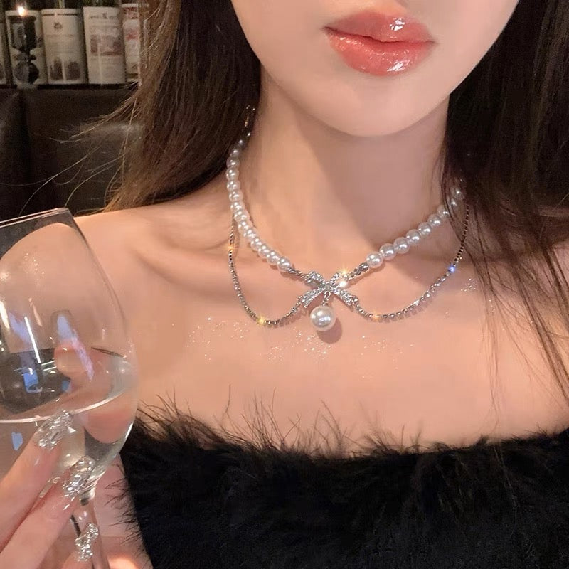 雙層珍珠水鑽蝴蝶結項鍊Pearl Rhinestone Bow Double Layer Necklace