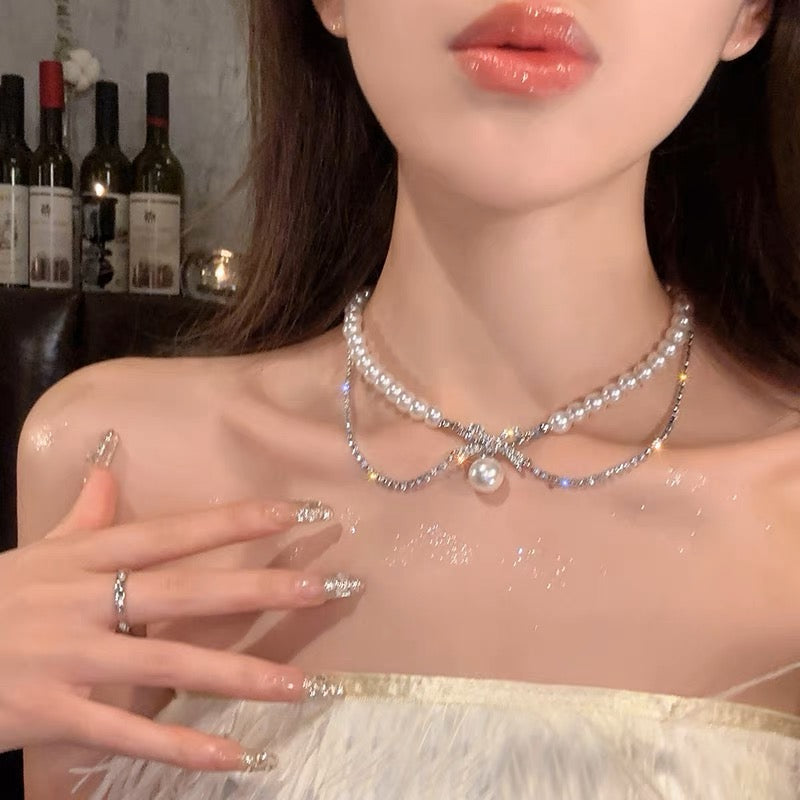 雙層珍珠水鑽蝴蝶結項鍊Pearl Rhinestone Bow Double Layer Necklace