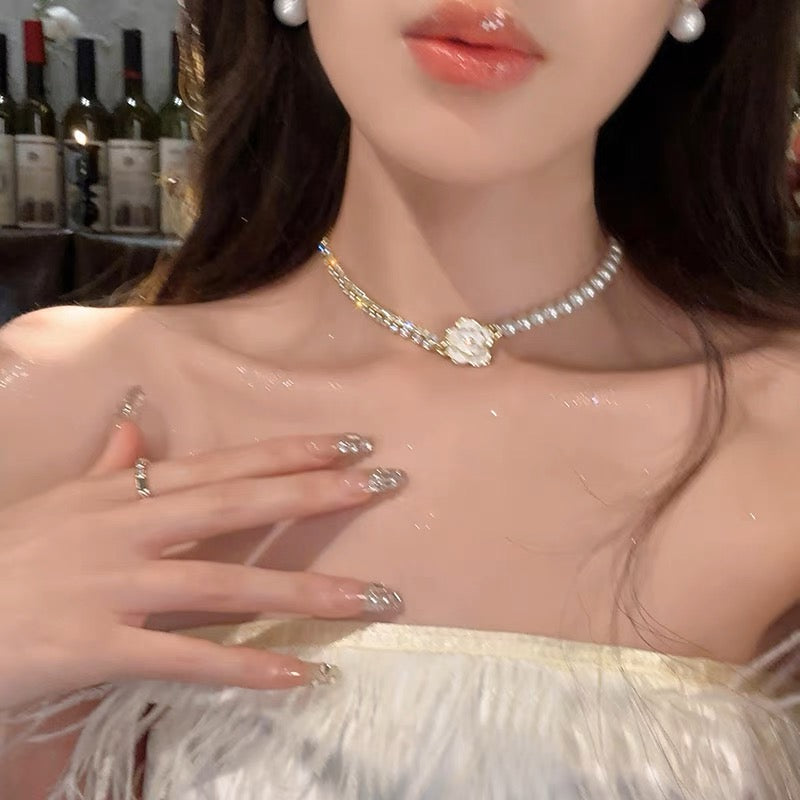 法式復古珍珠鑽鎖骨項鍊French Vintage Pearl Diamond Clavicle Necklace