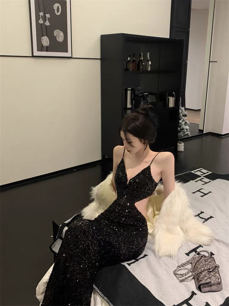 高級感露背挖腰長亮片禮服Sequined backless waistless long sequined dress