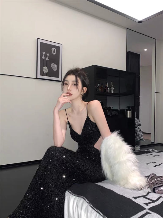 高級感露背挖腰長亮片禮服Sequined backless waistless long sequined dress